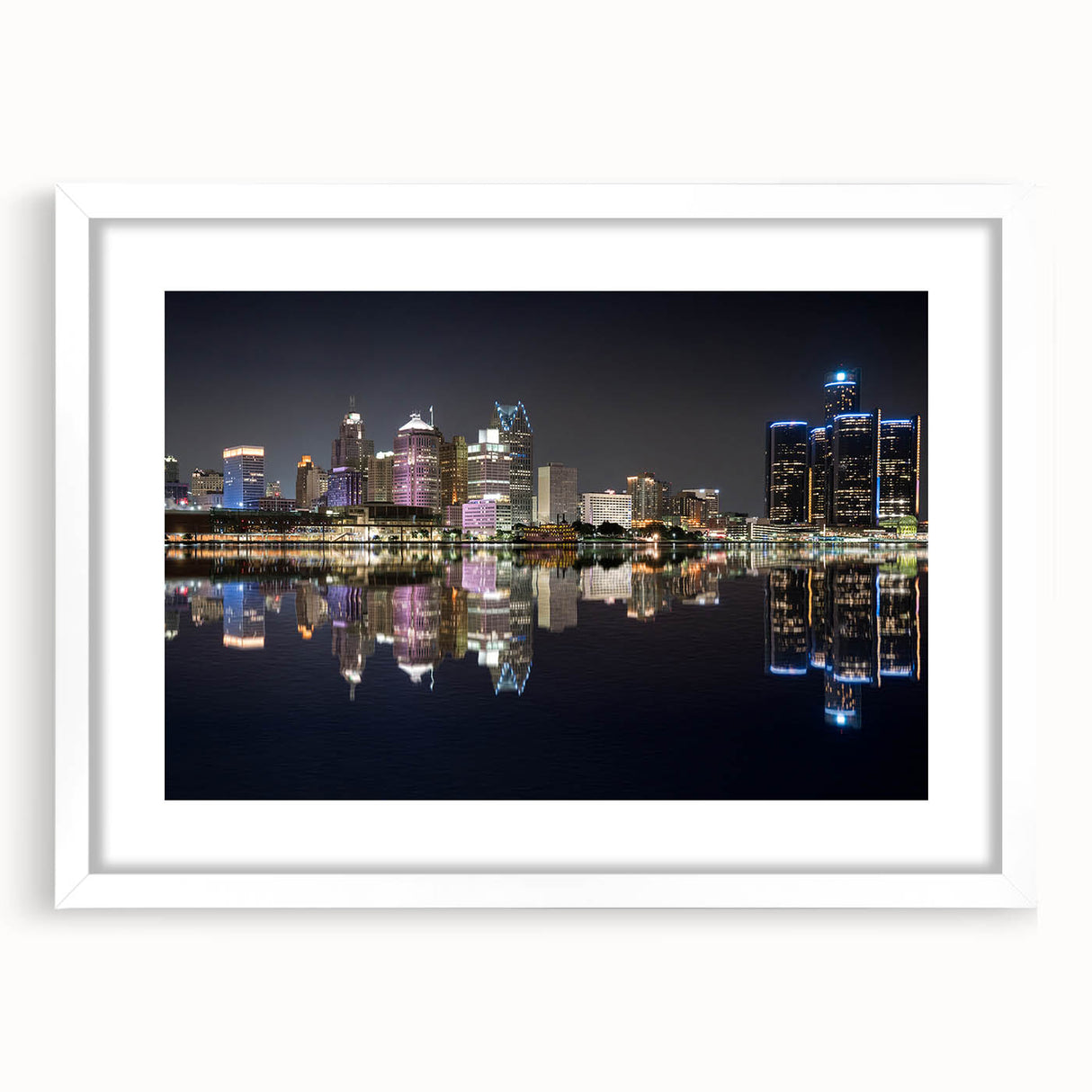 Abstract art print of Detroit skyline in muted gray and blue tones on a framed white mat, suitable for dining room decor.