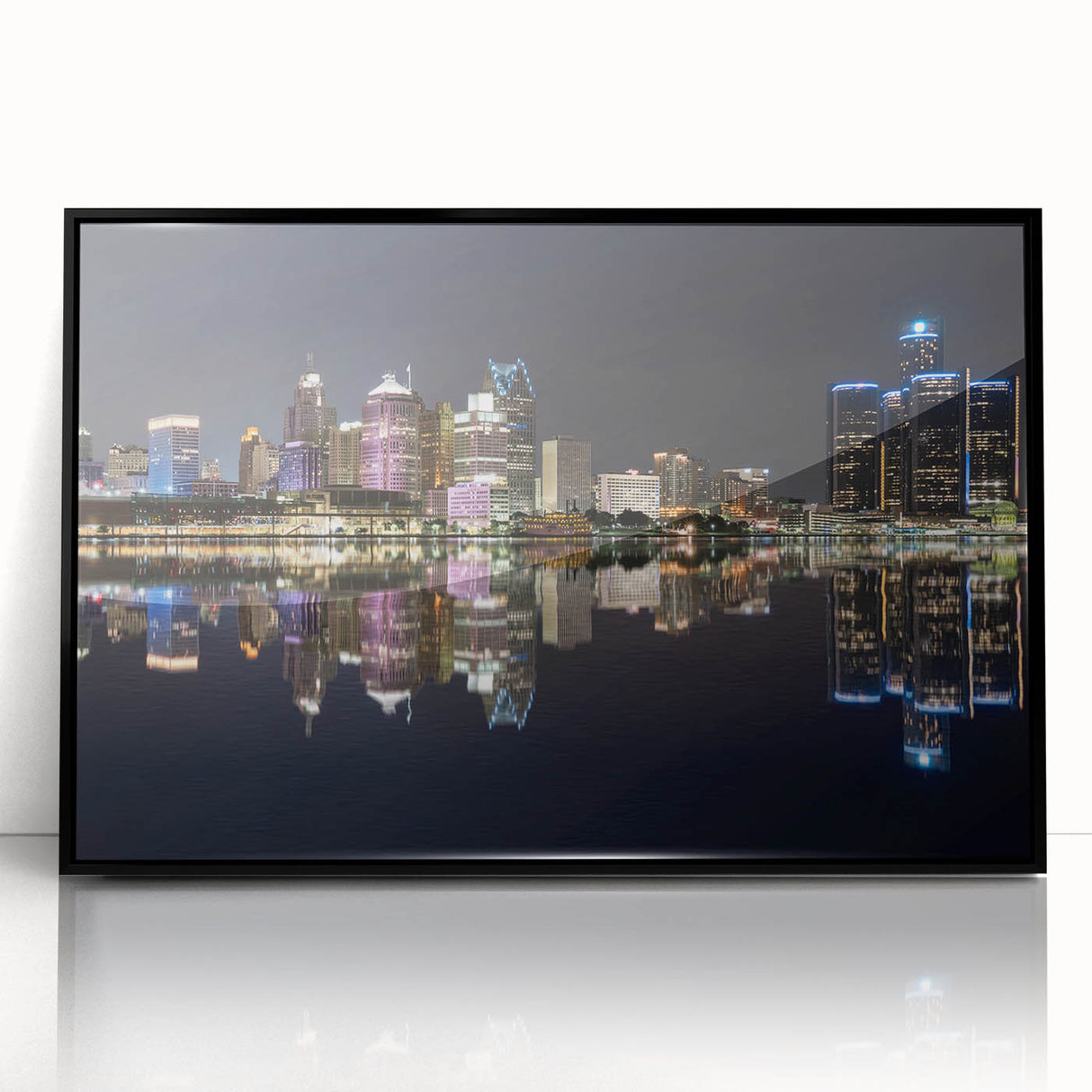 Large abstract wall art of Detroit skyline in muted gray tones on framed acrylic, suitable for modern living room decor.