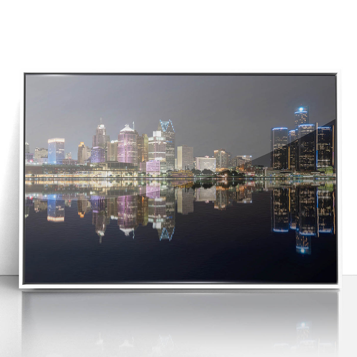 Art Deco poster of Detroit skyline in muted gray and blue tones on a white framed acrylic.