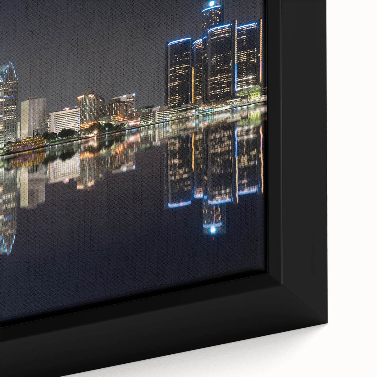Extra large black wall art featuring a textured depiction of Detroit's skyline in vibrant colors on framed canvas.