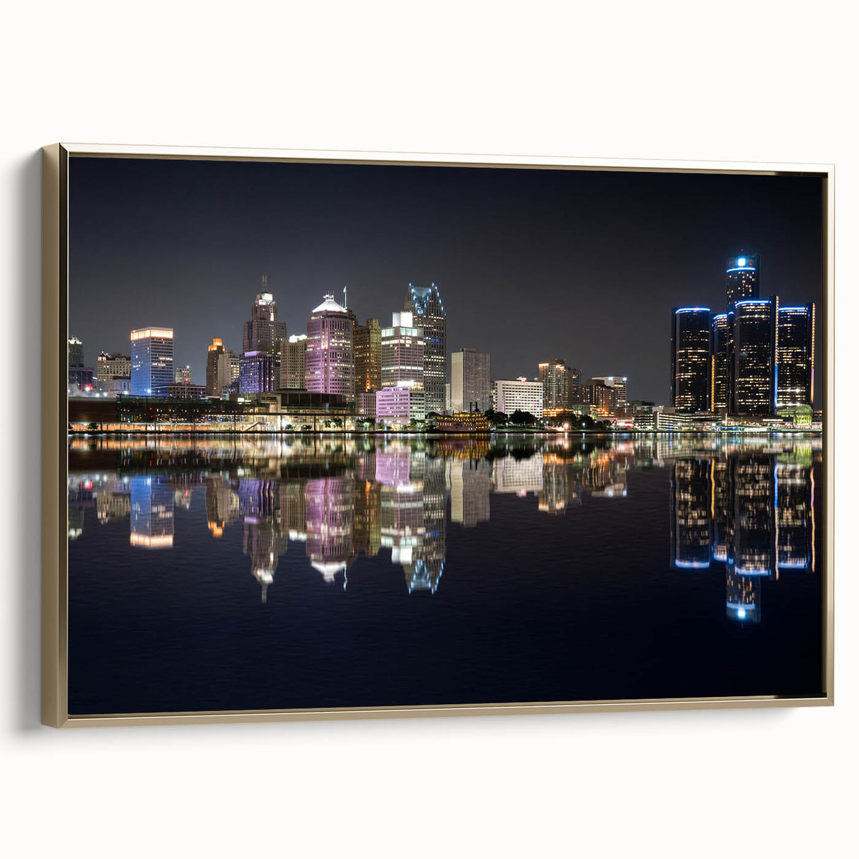 Framed canvas wall art featuring a vintage-style landscape of Detroit, Michigan in black and gold tones.