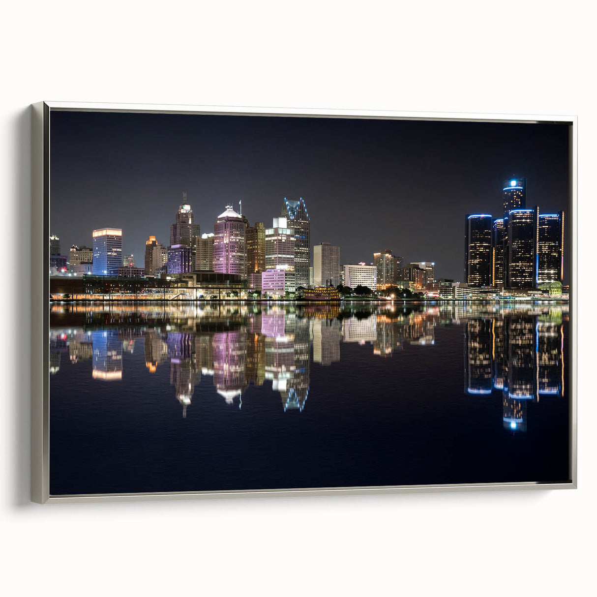 Framed canvas featuring a vintage-style Detroit skyline in muted black and colorful accents, ideal for office wall decor.