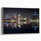 Framed canvas featuring a vintage-style Detroit skyline in muted black and colorful accents, ideal for office wall decor.