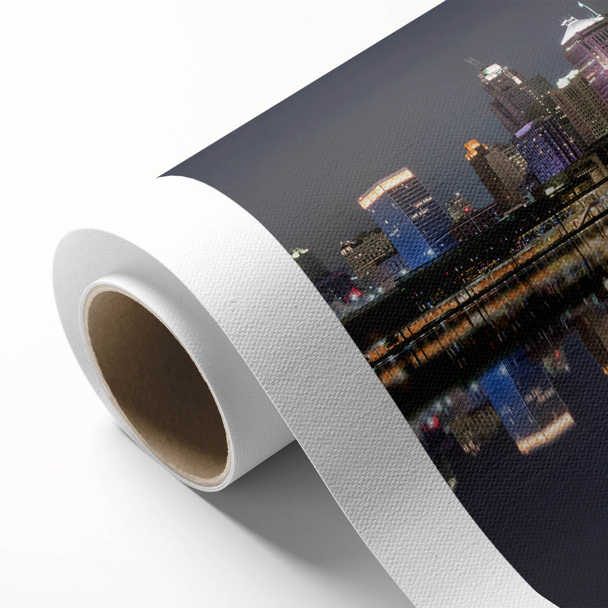 Art deco poster of Detroit skyline in muted blue and gray tones on rolled canvas, ideal for nursery wall art.