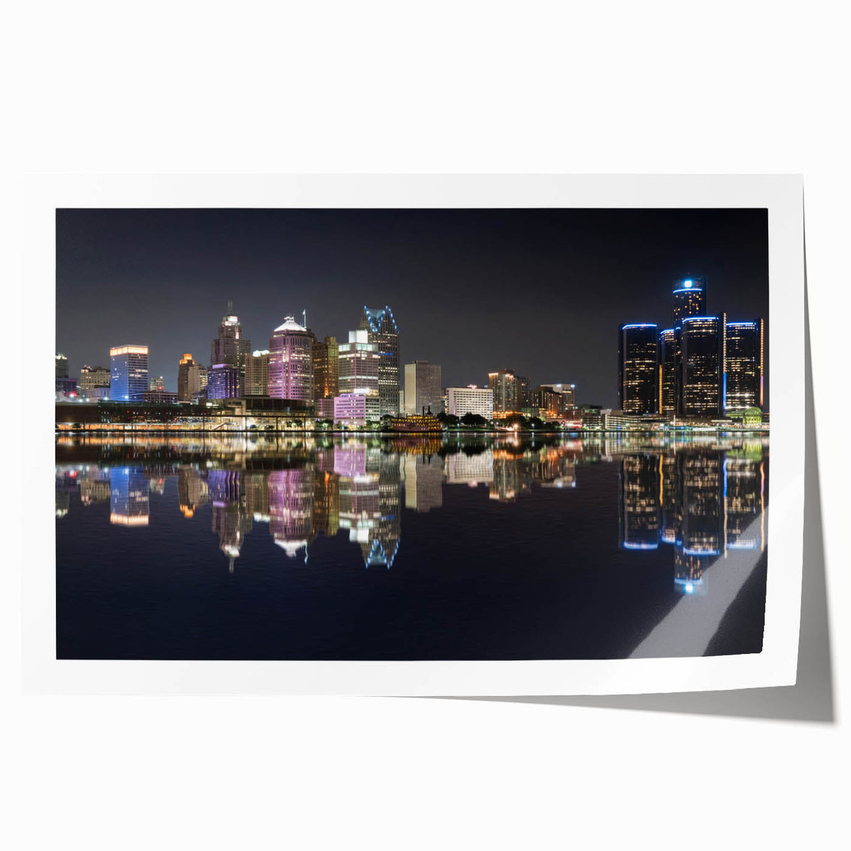 Rolled print of Detroit skyline in muted gray tones, ideal for art wall dining room decor.