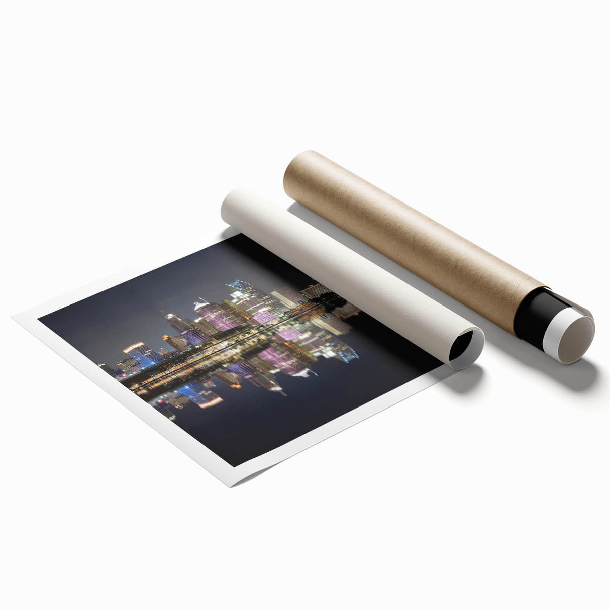 Extra large rolled print of Detroit skyline with muted gray and blue tones, ideal for classy bathroom wall art.