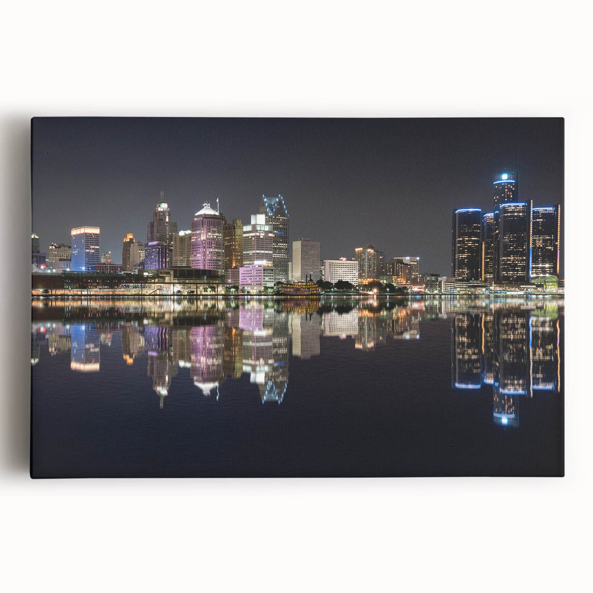 Black and white photo of Detroit skyline on large stretched canvas, suitable for kitchen art.