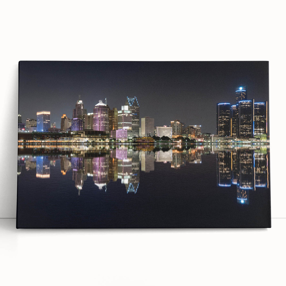 Large black and white photo of Detroit skyline on stretched canvas, ideal for kitchen wall art.