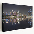 Stretched canvas print of Detroit skyline in muted gray and blue tones, ideal for kitchen wall art.
