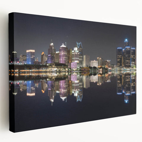 Stretched canvas print of Detroit skyline in muted gray and blue tones, ideal for kitchen wall art.