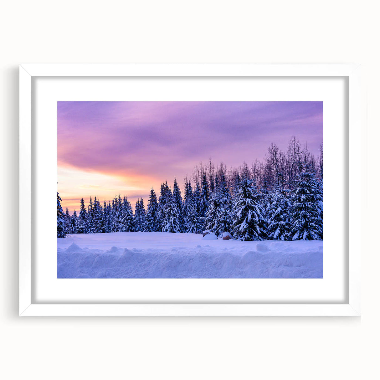Abstract art print of Minnesota scenery in muted blue and green tones, framed in white, ideal for dining room decor.