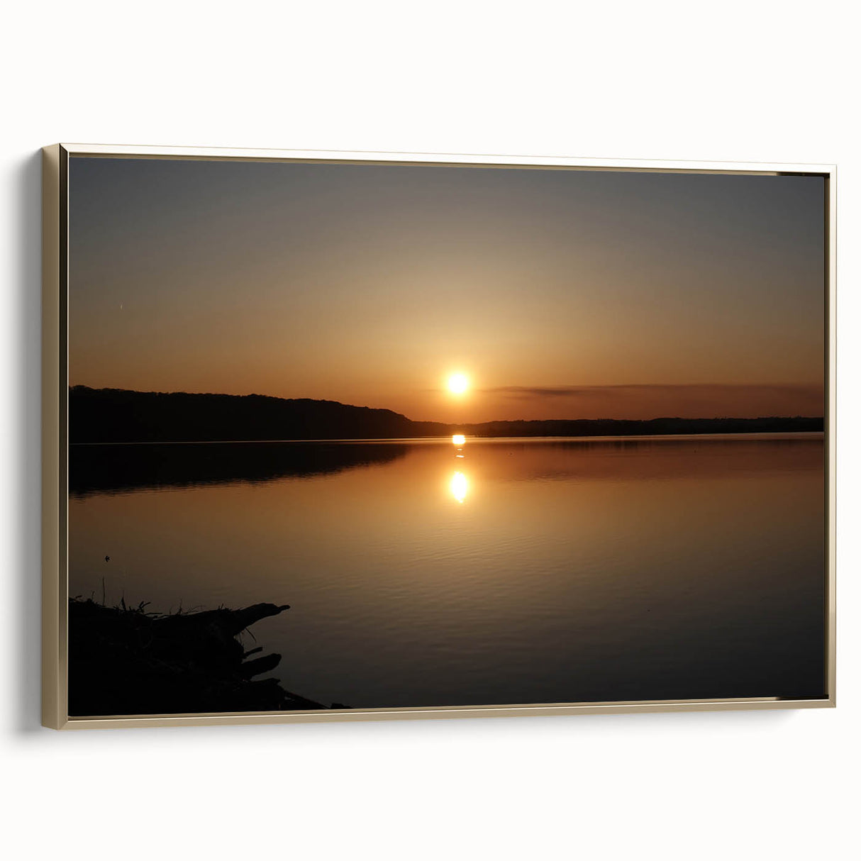 Framed canvas landscape painting of a Mississippi scenery in muted gold tones, ideal for bedroom wall art.