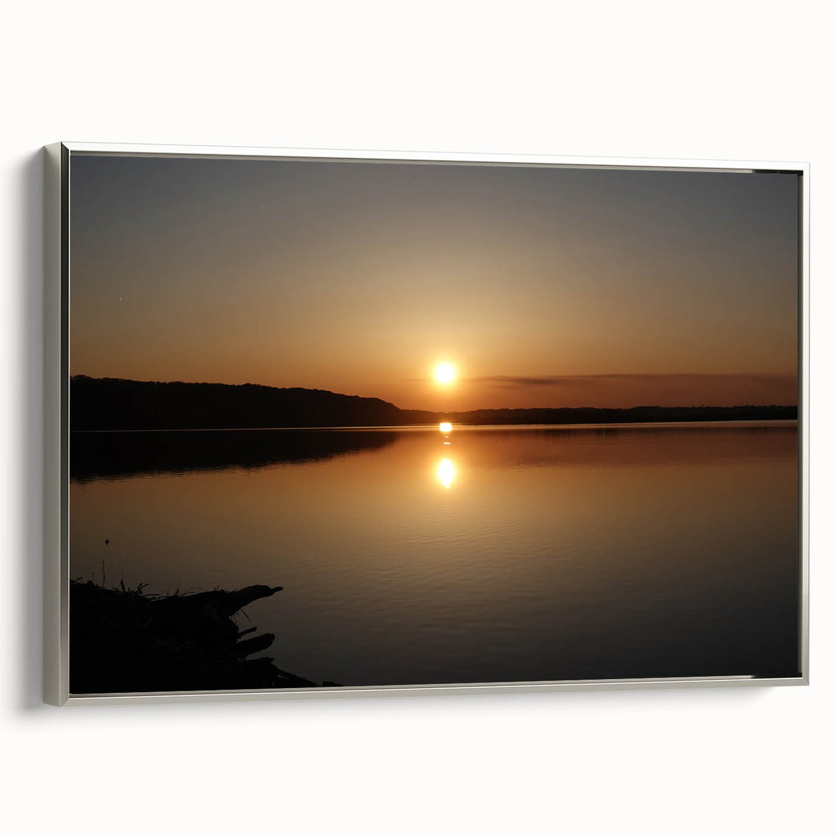 Landscape art painting of a Mississippi scenery on a silver-framed canvas, featuring muted earth tones.