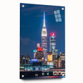 Acrylic print of Kansas City skyline in muted blue and gray tones, suitable for modern dining room decor.
