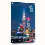 Acrylic print of Kansas City skyline in muted blue and gray tones, suitable for modern dining room decor.