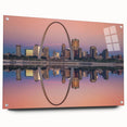 Acrylic print of St. Louis skyline in muted gray and blue tones, ideal for dining room art.