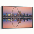 Black and white framed canvas of St. Louis skyline, ideal for bedroom wall art, featuring a vintage poster style.