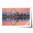 Extra large rolled print of St. Louis skyline in muted gray and blue tones, ideal for classy bathroom wall art.