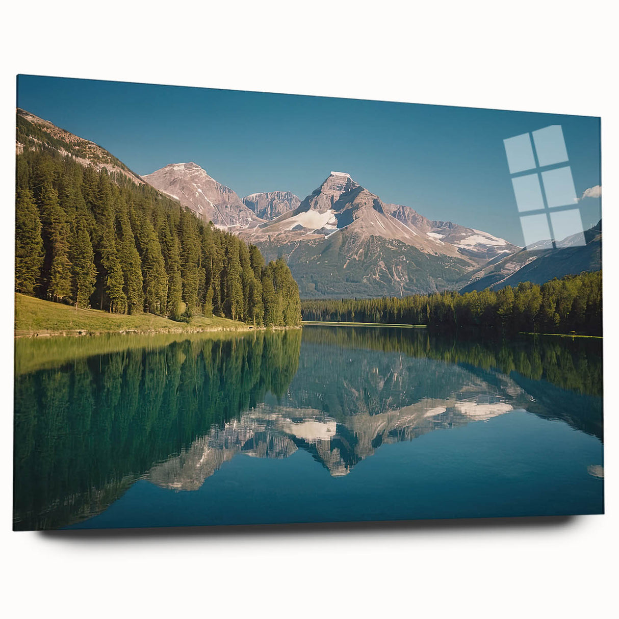 Large abstract depiction of Glacier National Park in muted blue and green tones on acrylic glass.