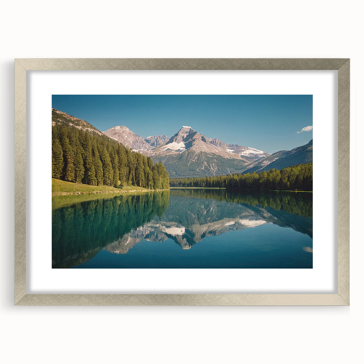 Textured art depicting abstract Montana Glacier scenery in cool blue and white tones on a framed silver mat.