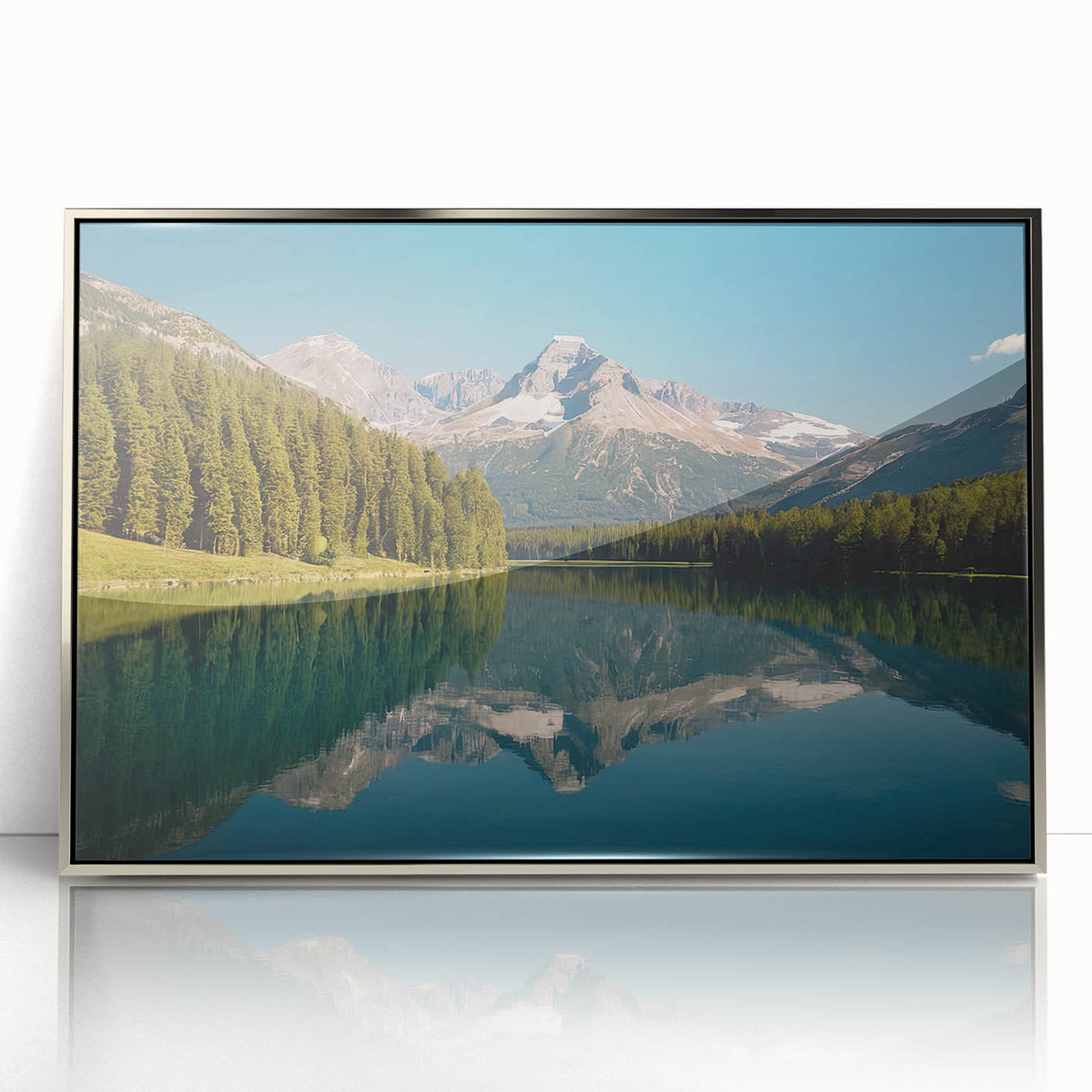 Mid-century modernist art depicting Glacier National Park in muted earth tones on a silver-framed acrylic print.