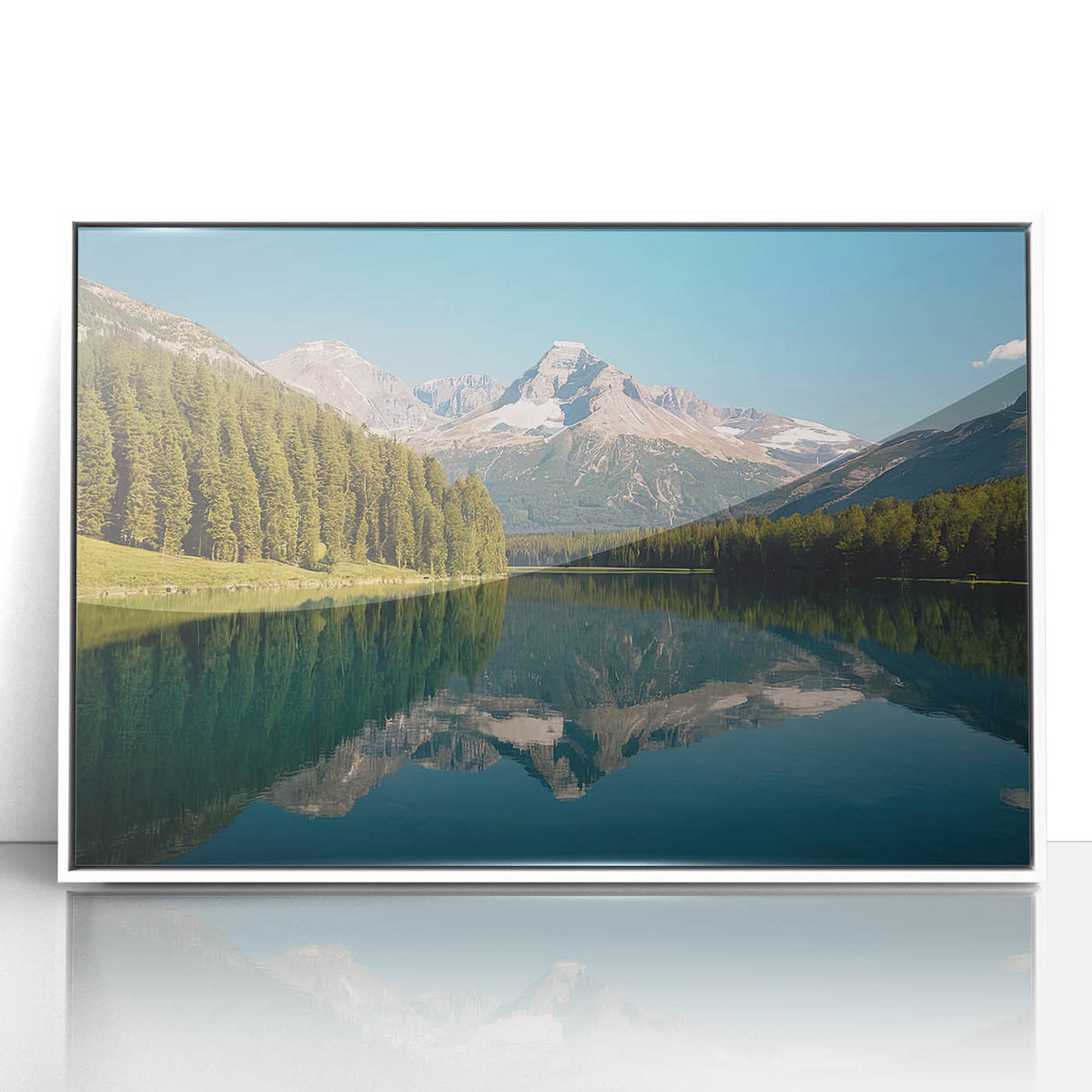 Art deco poster of Montana's Glacier scenery in muted earth tones on framed acrylic, suitable for modern nursery decor.