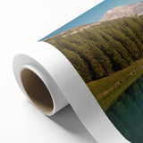 Art Deco poster of Montana Glacier landscape on rolled canvas, featuring muted blue and green tones.