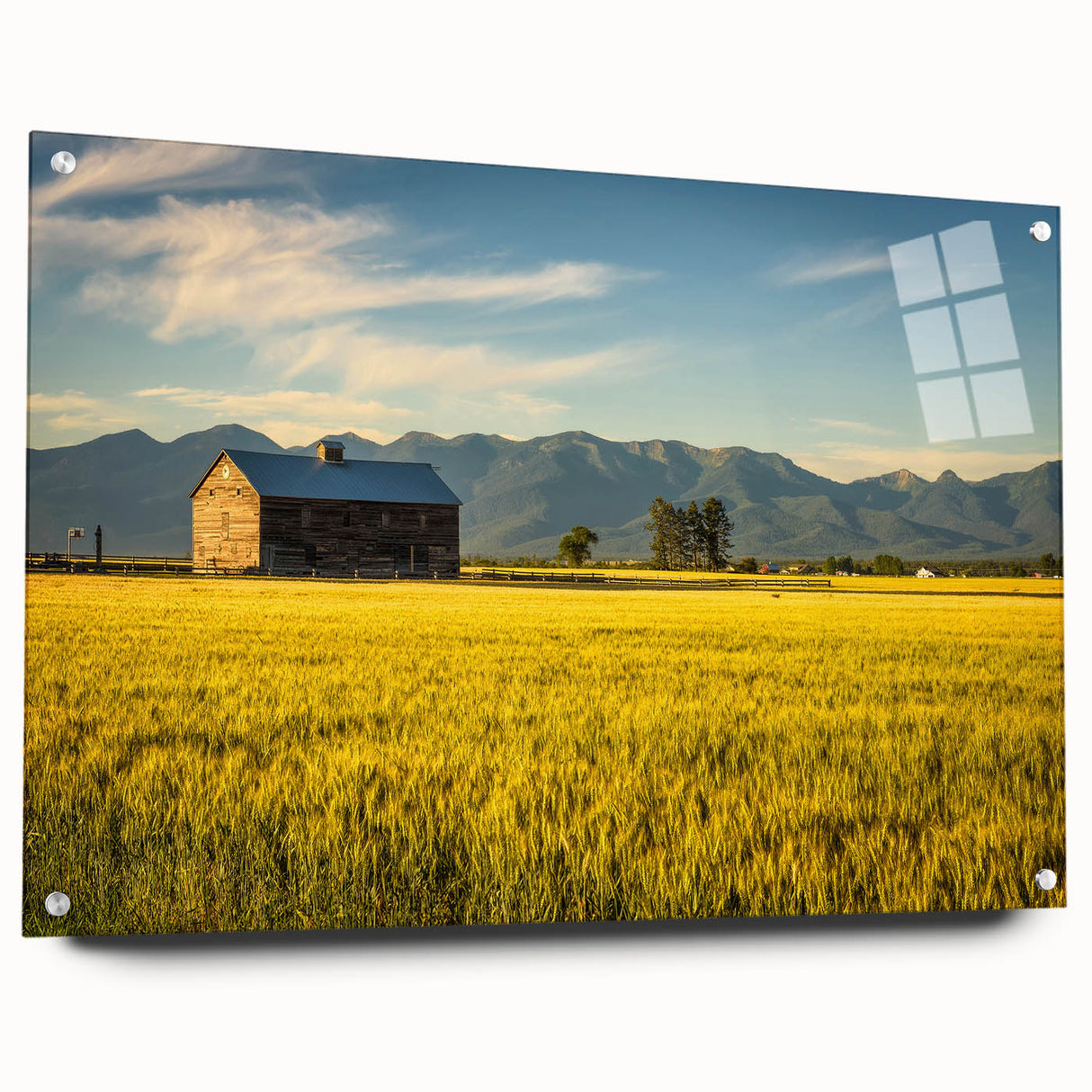 Acrylic print of a Montana landscape in muted earth tones, ideal for dining room or bedroom decor.