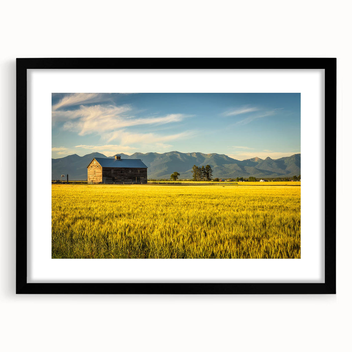 Extra large abstract art print featuring a vibrant, textured depiction of Montana scenery on a framed black mat canvas.