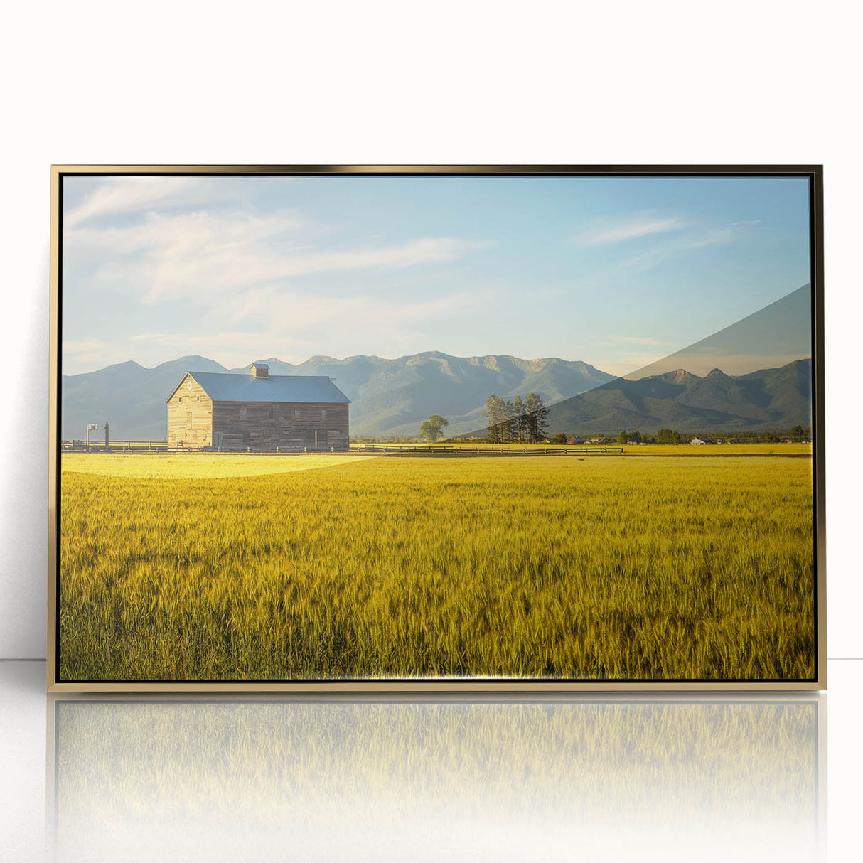Framed acrylic print depicting a serene Montana landscape in earth tones, ideal for modern art wall decor.