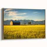 Framed canvas depicting a vintage-style Montana landscape in muted gold and black, ideal for bedroom wall art.
