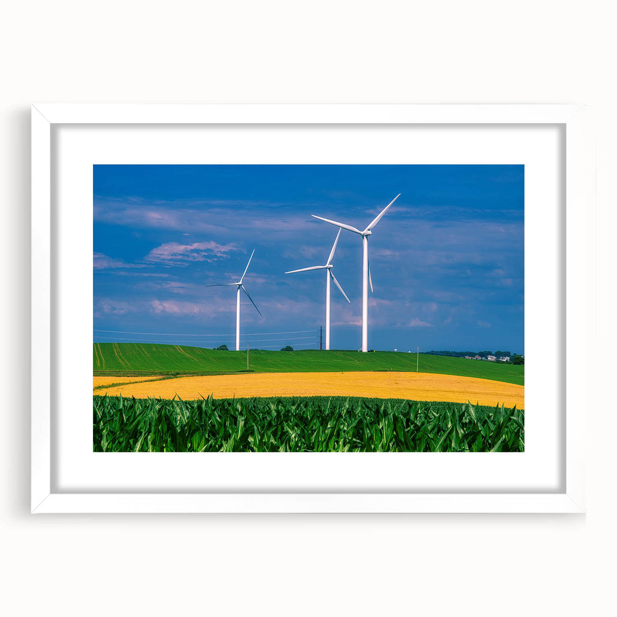 Abstract art print of Nebraska scenery in muted earth tones on a framed white mat, ideal for dining room decor.