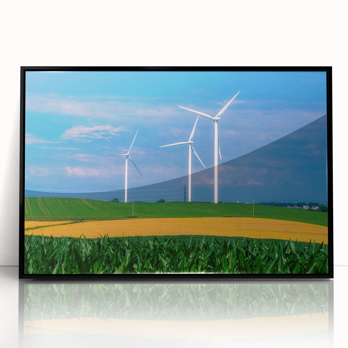 Large abstract wall art depicting a Nebraska landscape in muted earth tones, framed in black acrylic.