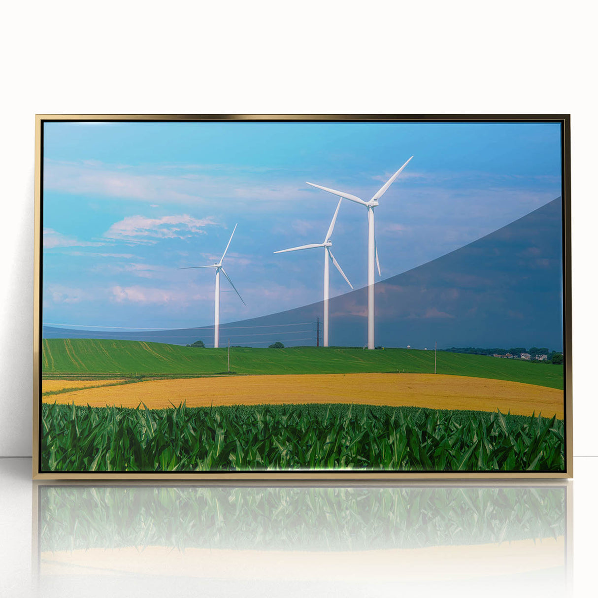 Mid-century modernist Nebraska landscape in gold and green hues on framed acrylic, suitable for modern art wall decor.