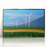 Mid-century modernist Nebraska landscape in gold and green hues on framed acrylic, suitable for modern art wall decor.