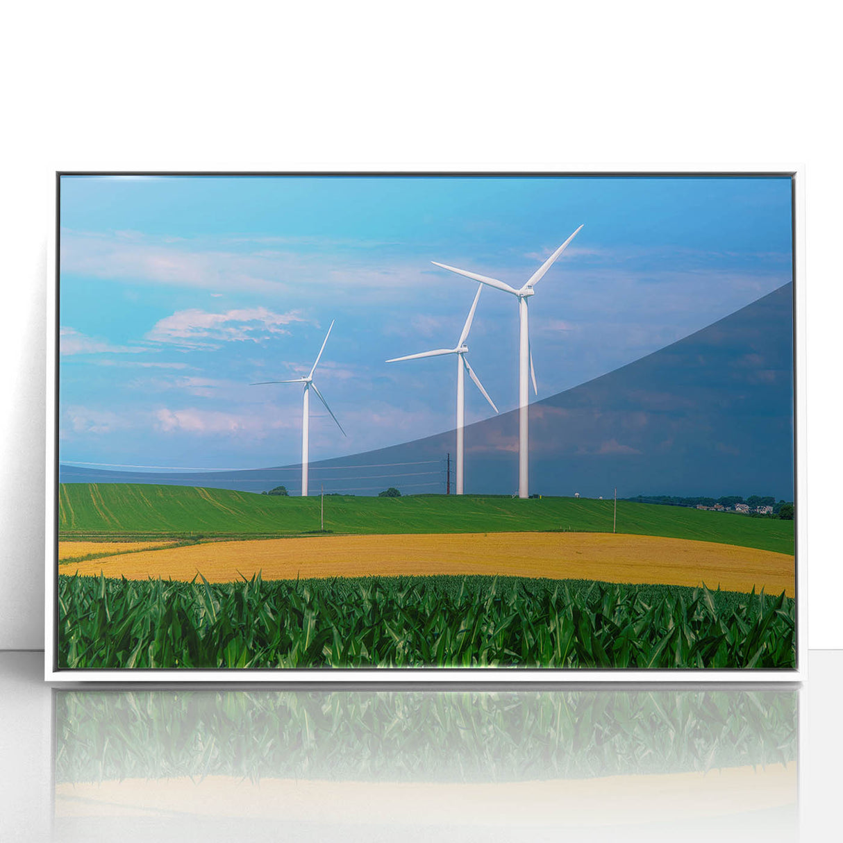 Acrylic print of a Nebraska landscape in art deco style, with muted earth tones, framed in white.