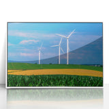 Acrylic print of a Nebraska landscape in art deco style, with muted earth tones, framed in white.