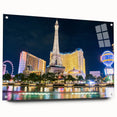 Acrylic print of Las Vegas skyline in vibrant twilight hues, ideal for modern dining room decor.
