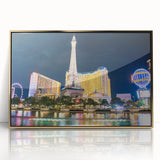 Mid-century modernist Las Vegas skyline in gold and black hues on framed acrylic, suitable for modern art wall decor.