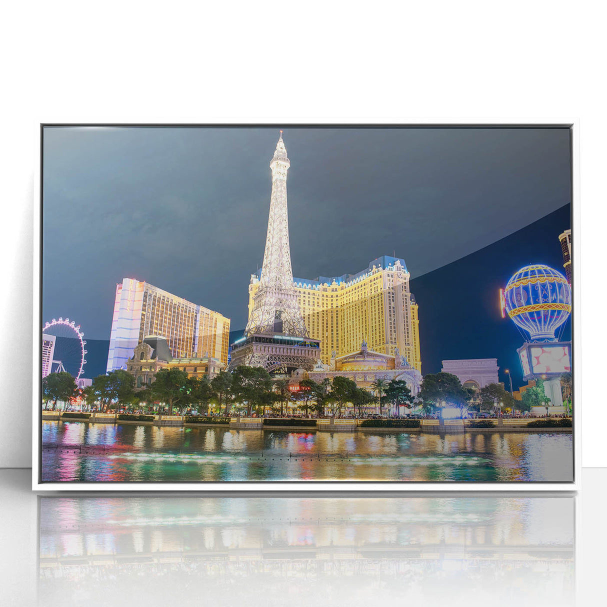 Art deco poster of the Las Vegas skyline in muted gold and black tones on a framed acrylic, ideal for modern art wall decor.
