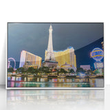 Art deco poster of the Las Vegas skyline in muted gold and black tones on a framed acrylic, ideal for modern art wall decor.