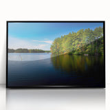Large abstract wall art depicting a serene New Hampshire landscape in muted earth tones, framed in black acrylic.