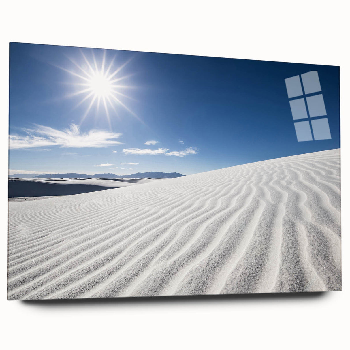 Large abstract wall art of White Sands, New Mexico in muted beige and white tones on acrylic glass.