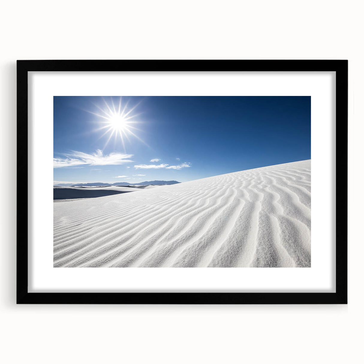 Extra large abstract art print of White Sands, New Mexico in vibrant colors on textured canvas, framed in black.