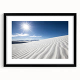 Extra large abstract art print of White Sands, New Mexico in vibrant colors on textured canvas, framed in black.