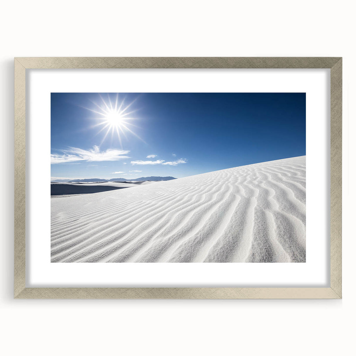 Textured art depicting abstract white sands of New Mexico in muted tones on a framed silver mat, ideal for bedroom art.