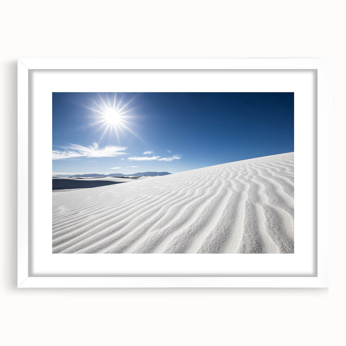 Abstract art print of White Sands, New Mexico, in muted beige and white tones on a framed canvas.