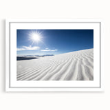 Abstract art print of White Sands, New Mexico, in muted beige and white tones on a framed canvas.