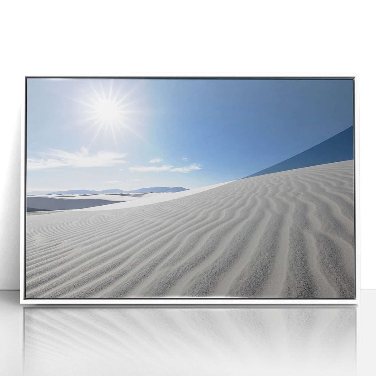 Acrylic print of White Sands, New Mexico, in muted beige tones, framed in white, ideal for modern art wall decor.