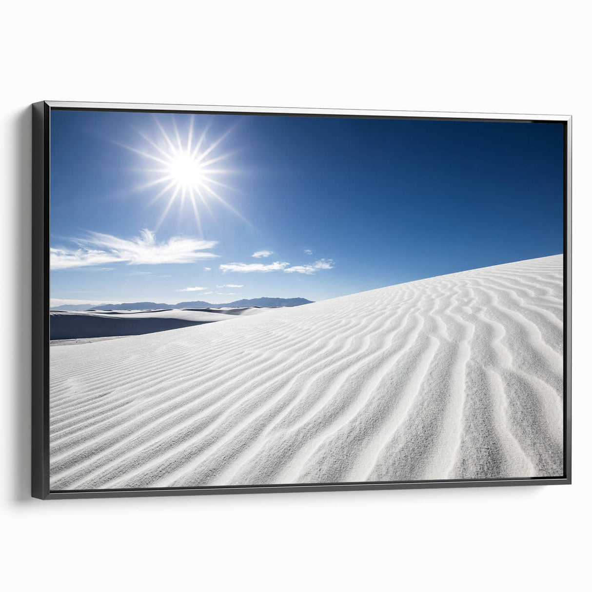 Black and white wall art featuring a framed canvas of White Sands, New Mexico landscape, ideal for bedroom decor.